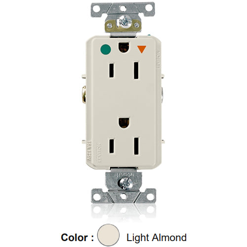 Leviton D8200-IGT, Decora Plus Straight Blade Duplex Receptacle, Heavy-Duty Hospital Grade, Smooth Face, Isolated Ground, 15A 125V, NEMA 5-15R, 2-Pole, 3-Wire, Back and Side Wire, Light Almond