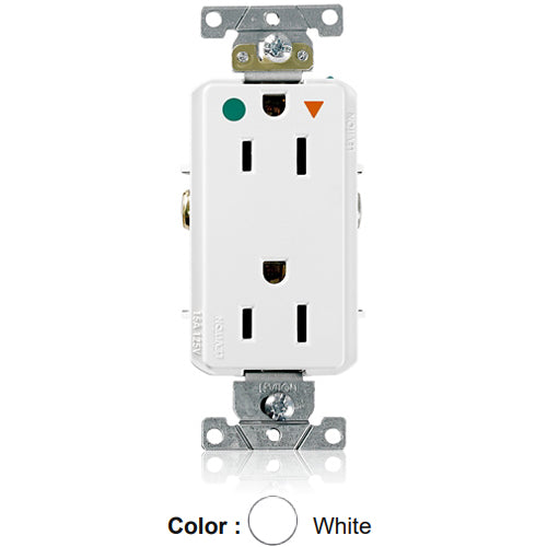 Leviton D8200-IGW, Decora Plus Straight Blade Duplex Receptacle, Heavy-Duty Hospital Grade, Smooth Face, Isolated Ground, 15A 125V, NEMA 5-15R, 2-Pole, 3-Wire, Back and Side Wire, White