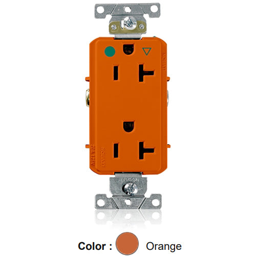 Leviton D8300-IG, Decora Plus Straight Blade Duplex Receptacle, Heavy-Duty Hospital Grade, Smooth Face, Isolated Ground, 20A 125V, NEMA 5-20R, 2-Pole, 3-Wire, Back and Side Wire, Orange