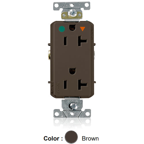 Leviton D8300-IGB, Decora Plus Straight Blade Duplex Receptacle, Heavy-Duty Hospital Grade, Smooth Face, Isolated Ground, 20A 125V, NEMA 5-20R, 2-Pole, 3-Wire, Back and Side Wire, Brown