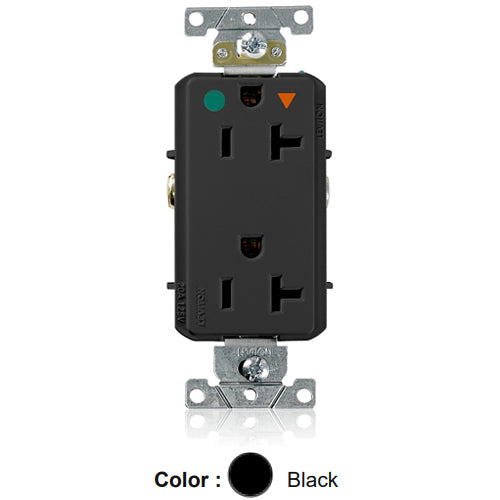 Leviton D8300-IGE, Decora Plus Straight Blade Duplex Receptacle, Heavy-Duty Hospital Grade, Smooth Face, Isolated Ground, 20A 125V, NEMA 5-20R, 2-Pole, 3-Wire, Back and Side Wire, Black