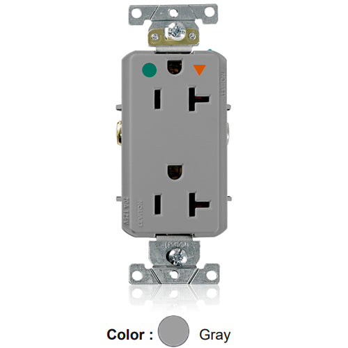 Leviton D8300-IGG, Decora Plus Straight Blade Duplex Receptacle, Heavy-Duty Hospital Grade, Smooth Face, Isolated Ground, 20A 125V, NEMA 5-20R, 2-Pole, 3-Wire, Back and Side Wire, Gray