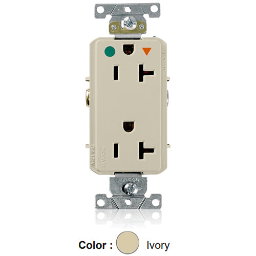 Leviton D8300-IGI, Decora Plus Straight Blade Duplex Receptacle, Heavy-Duty Hospital Grade, Smooth Face, Isolated Ground, 20A 125V, NEMA 5-20R, 2-Pole, 3-Wire, Back and Side Wire, Ivory