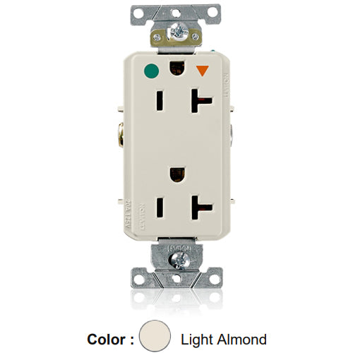 Leviton D8300-IGT, Decora Plus Straight Blade Duplex Receptacle, Heavy-Duty Hospital Grade, Smooth Face, Isolated Ground, 20A 125V, NEMA 5-20R, 2-Pole, 3-Wire, Back and Side Wire, Light Almond