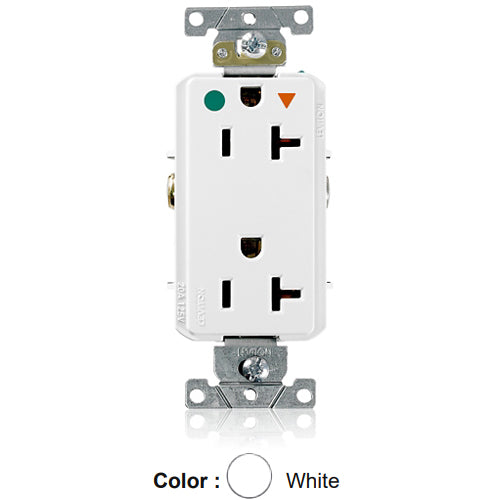 Leviton D8300-IGW, Decora Plus Straight Blade Duplex Receptacle, Heavy-Duty Hospital Grade, Smooth Face, Isolated Ground, 20A 125V, NEMA 5-20R, 2-Pole, 3-Wire, Back and Side Wire, White
