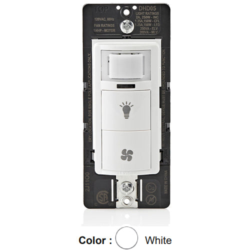 Leviton DHD05-1LW, Decora In-Wall Combination Humidity Sensor and Fan Control with Light Switch, Residential Grade, Single Pole, 1/4 HP Fan, 2A Resistive, White
