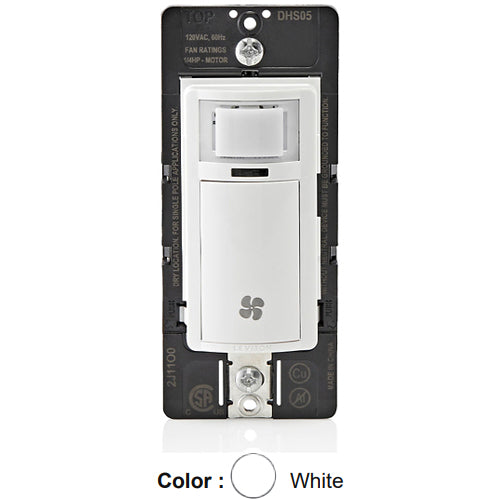 Leviton DHS05-1LW, Decora In-Wall Humidity Sensor and Fan Control, Residential Grade, Single Pole, 1/4 HP Motor, White