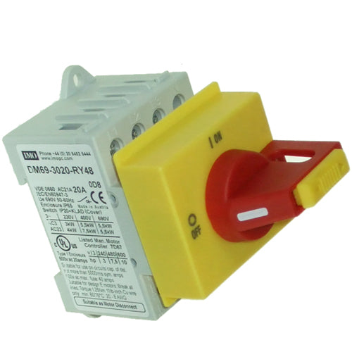 IMO DM69-3032-RY48, Direct Handle Base Mount 69 Series AC Disconnect, IP40, 3 Pole, 32A, Red/Yellow 48mm Handle