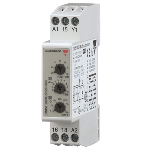Carlo Gavazzi DMB51CM24, Multifunction Timer, DIN Rail Mount, 0.1S-100Hrs, 5A SPDT Contact Output, Operates on 24VDC and 24-240VAC