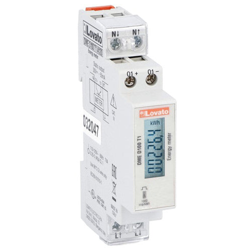 Lovato DMED100T1MID, Energy Meter, Single-Phase, MID Certified, Non Expandable, 40A Direct Connection, 1U, 1 Pulse Output, 230VAC