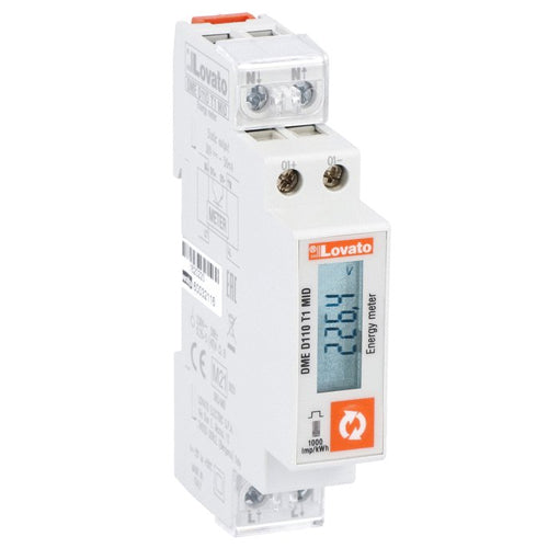 Lovato DMED110T1MID, Energy Meter, Single-Phase, MID Certified, Non Expandable, 40A Direct Connection, 1U, 1 Programmable, Static Output, Multi-Measurements, 230VAC
