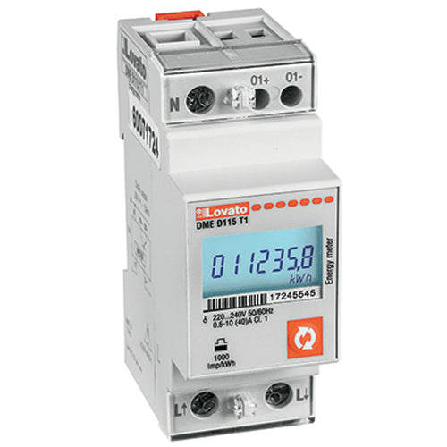 Lovato DMED115T1, Energy Meter, Single-Phase, Non Expandable, Digital with Backlight LCD Display, 40A Direct Connection, 2U, 1 Programmable Static Output, Multi-Measurements, 220...240VAC
