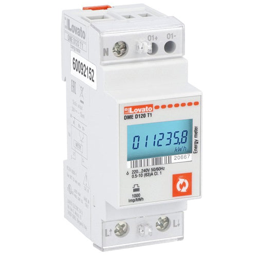 Lovato DMED120T1, Energy Meter, Single-Phase, Non Expandable, Digital with Backlight LCD Display, 63A Direct Connection, 2U, 1 Programmable Static Output, Multi-Measurements, 220...240VAC