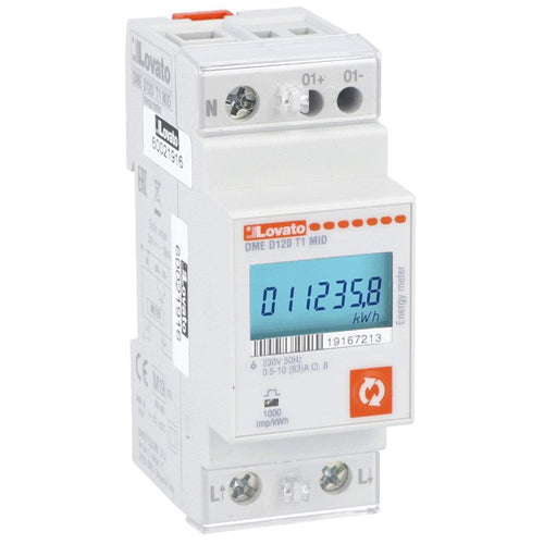 Lovato DMED120T1MID, Energy Meter, Single-Phase, MID Certified, Non Expandable, 63A Direct Connection, 2U, 1 Programmable Static Output, Multi-Measurements, 230VAC