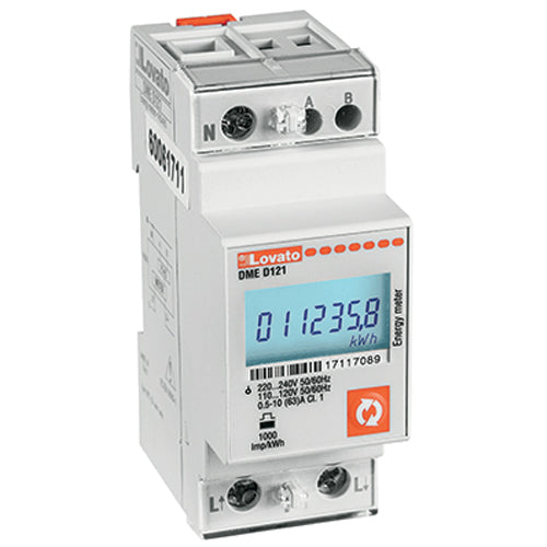 Lovato DMED121, Energy Meter, Single-Phase, Non Expandable, Digital with Backlight LCD Display, 63A Direct Connection, 2U, RS485 Interface, Multi-Measurements, 110…120/220...240VAC