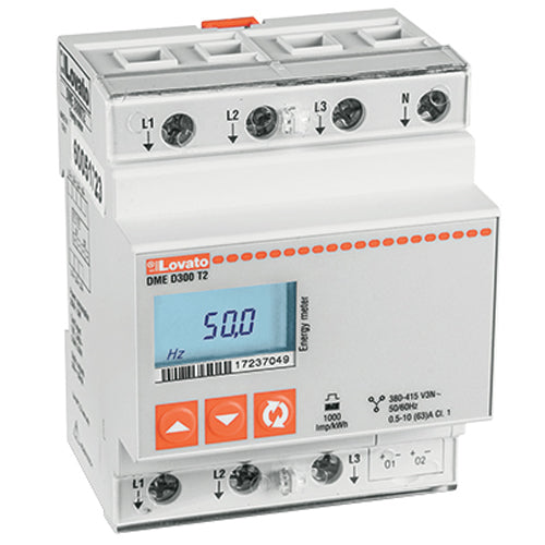 Lovato DMED300T2, Energy Meter, Three-Phase with Neutral, Non Expandable, 80A Direct Connection, 4U, 2 Programmable Static Output, Multi-Measurements, 220…240VAC
