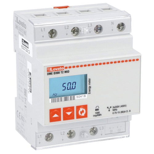 Lovato DMED300T2UL, Energy Meter, Three-Phase with Neutral, Non Expandable, 80A Direct Connection, 4U, 2 Programmable Static Output, Multi-Measurements, cULus Version