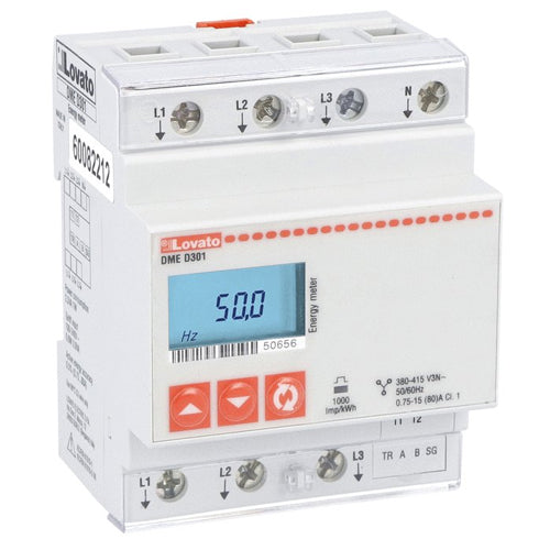 Lovato DMED301, Energy Meter, Three-Phase with Neutral, Non Expandable, 80A Direct Connection, 4U, RS485 Interface, Multi-Measurements, 220…240VAC