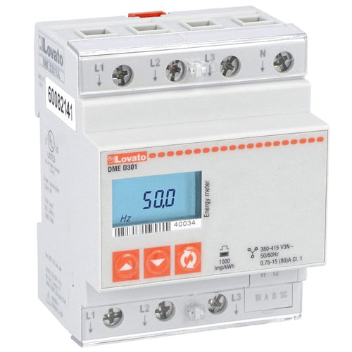 Lovato DMED301UL, Energy Meter, Three-Phase with Neutral, Non Expandable, 80A Direct Connection, 4U, RS485 Interface, Multi-Measurements, cULus Version