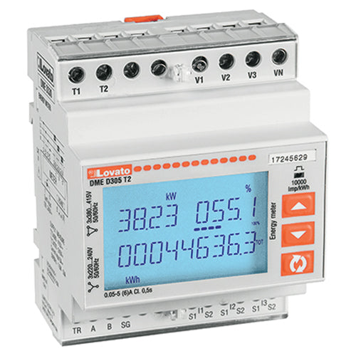 Lovato DMED305T2, Energy Meter, Three-Phase with or without Neutral, Non Expandable, Connection by CT /5A Secondary, 4U, 2 Programmable Static Output, Multi-Measurements