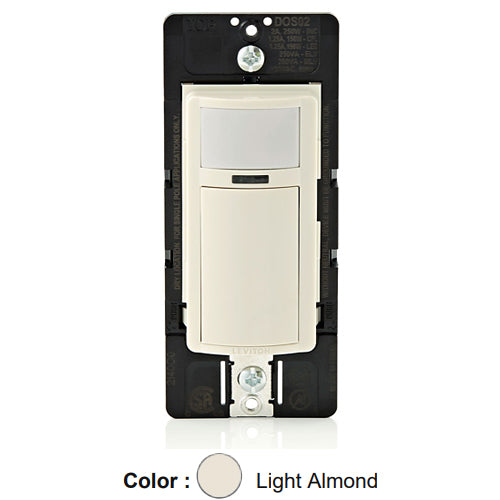 Leviton DOS02-1LT, Decora Wall Switch Passive Infrared (PIR) Motion Sensor, Relay Occupancy Sensor, Residential Grade, Single Pole, Auto-ON/Auto-OFF, 2A Resistive, Light Almond