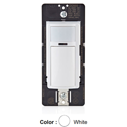 Leviton DOS05-1LZ, Decora Wall Switch Passive Infrared (PIR) Motion Sensor, Relay Occupancy Sensor, Residential Grade, Single Pole or 3-Way, Auto-ON/Auto-OFF, 1/4 HP Motor, 5A Resistive, White