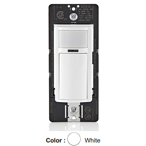 Leviton DOS15-1LZ, Decora Wall Switch Passive Infrared (PIR) Motion Sensor, Relay Occupancy Sensor, Residential Grade, Single Pole/Multi-Sensor/Multi-Way, Auto-ON/Auto-OFF, 1/2 HP Motor, 15A Resistive, White