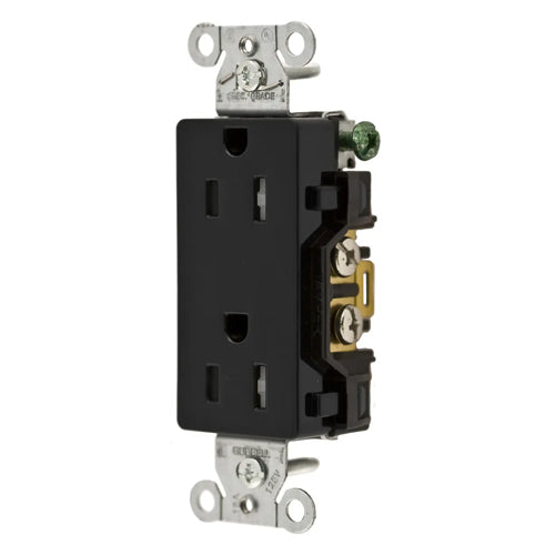 Hubbell DR15BLKTR, Commercial Grade Style Line Decorator Duplex Receptacles, Tamper Resistant, Smooth Face, 15A 125V, 5-15R, 2-Pole 3-Wire Grounding, Black