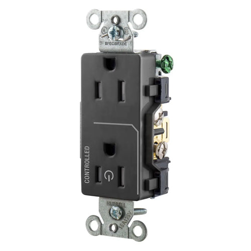 Hubbell DR15C1BLKTR, Permanently Marked Decorator Duplex Receptacles, Tamper Resistant, Commercial Grade, One Controlled Face, Split Circuit Hot Tab, Back and Side Wired, 15A 125V, 5-15R, 2-Pole 3-Wire Grounding, Black