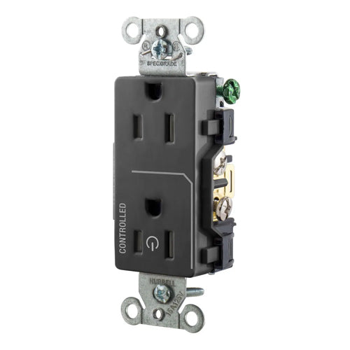 Hubbell DR15C1BLK, Permanently Marked Decorator Duplex Receptacles, Commercial Grade, One Controlled Face, Split Circuit Hot Tab, Back and Side Wired, 15A 125V, 5-15R, 2-Pole 3-Wire Grounding, Black