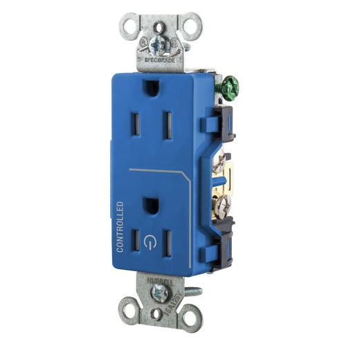 Hubbell DR15C1BLTR, Permanently Marked Decorator Duplex Receptacles, Tamper Resistant, Commercial Grade, One Controlled Face, Split Circuit Hot Tab, Back and Side Wired, 15A 125V, 5-15R, 2-Pole 3-Wire Grounding, Blue