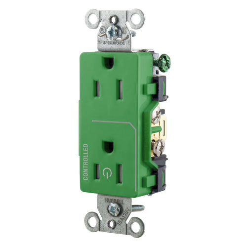 Hubbell DR15C1GNTR, Permanently Marked Decorator Duplex Receptacles, Tamper Resistant, Commercial Grade, One Controlled Face, Split Circuit Hot Tab, Back and Side Wired, 15A 125V, 5-15R, 2-Pole 3-Wire Grounding, Green