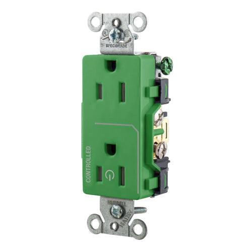 Hubbell DR15C1GN, Permanently Marked Decorator Duplex Receptacles, Commercial Grade, One Controlled Face, Split Circuit Hot Tab, Back and Side Wired, 15A 125V, 5-15R, 2-Pole 3-Wire Grounding, Green