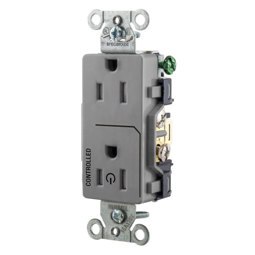 Hubbell DR15C1GRYTR, Permanently Marked Decorator Duplex Receptacles, Tamper Resistant, Commercial Grade, One Controlled Face, Split Circuit Hot Tab, Back and Side Wired, 15A 125V, 5-15R, 2-Pole 3-Wire Grounding, Gray