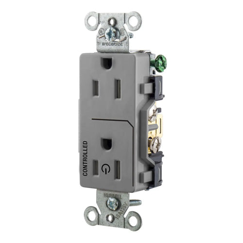 Hubbell DR15C1GRY, Permanently Marked Decorator Duplex Receptacles, Commercial Grade, One Controlled Face, Split Circuit Hot Tab, Back and Side Wired, 15A 125V, 5-15R, 2-Pole 3-Wire Grounding, Gray