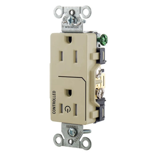 Hubbell DR15C1ITR, Permanently Marked Decorator Duplex Receptacles, Tamper Resistant, Commercial Grade, One Controlled Face, Split Circuit Hot Tab, Back and Side Wired, 15A 125V, 5-15R, 2-Pole 3-Wire Grounding, Ivory