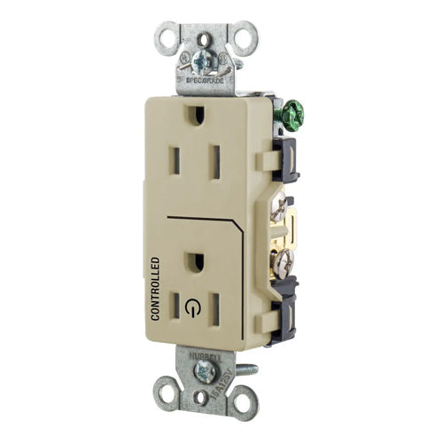 Hubbell DR15C1I, Permanently Marked Decorator Duplex Receptacles, Commercial Grade, One Controlled Face, Split Circuit Hot Tab, Back and Side Wired, 15A 125V, 5-15R, 2-Pole 3-Wire Grounding, Ivory