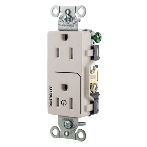 Hubbell DR15C1LATR, Permanently Marked Decorator Duplex Receptacles, Tamper Resistant, Commercial Grade, One Controlled Face, Split Circuit Hot Tab, Back and Side Wired, 15A 125V, 5-15R, 2-Pole 3-Wire Grounding, Light Almond