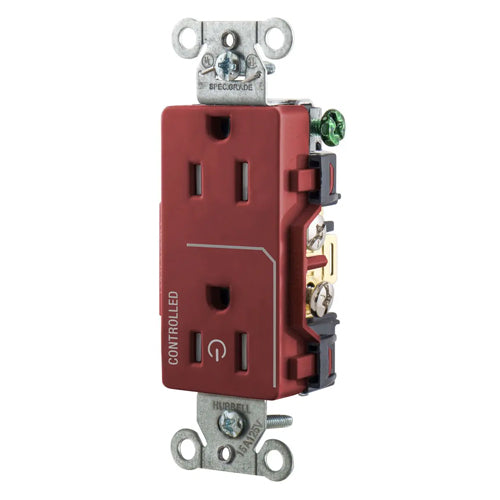 Hubbell DR15C1RTR, Permanently Marked Decorator Duplex Receptacles, Tamper Resistant, Commercial Grade, One Controlled Face, Split Circuit Hot Tab, Back and Side Wired, 15A 125V, 5-15R, 2-Pole 3-Wire Grounding, Red