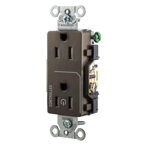 Hubbell DR15C1TR, Permanently Marked Decorator Duplex Receptacles, Tamper Resistant, Commercial Grade, One Controlled Face, Split Circuit Hot Tab, Back and Side Wired, 15A 125V, 5-15R, 2-Pole 3-Wire Grounding, Brown