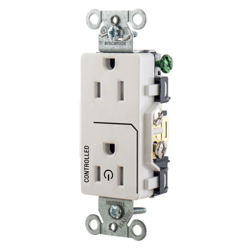 Hubbell DR15C1WHITR, Permanently Marked Decorator Duplex Receptacles, Tamper Resistant, Commercial Grade, One Controlled Face, Split Circuit Hot Tab, Back and Side Wired, 15A 125V, 5-15R, 2-Pole 3-Wire Grounding, White