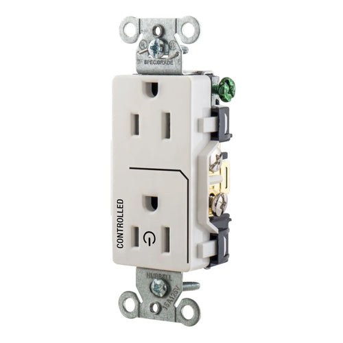 Hubbell DR15C1WHI, Permanently Marked Decorator Duplex Receptacles, Commercial Grade, One Controlled Face, Split Circuit Hot Tab, Back and Side Wired, 15A 125V, 5-15R, 2-Pole 3-Wire Grounding, White