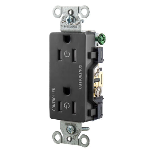 Hubbell DR15C2BLKTR, Permanently Marked Decorator Duplex Receptacles, Tamper Resistant, Commercial Grade, Two Controlled Faces, Back and Side Wired, 15A 125V, 5-15R, 2-Pole 3-Wire Grounding, Black