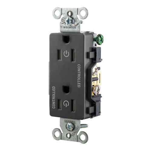 Hubbell DR15C2BLK, Permanently Marked Decorator Duplex Receptacles, Commercial Grade, Two Controlled Faces, Back and Side Wired, 15A 125V, 5-15R, 2-Pole 3-Wire Grounding, Black