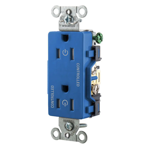 Hubbell DR15C2BLTR, Permanently Marked Decorator Duplex Receptacles, Tamper Resistant, Commercial Grade, Two Controlled Faces, Back and Side Wired, 15A 125V, 5-15R, 2-Pole 3-Wire Grounding, Blue