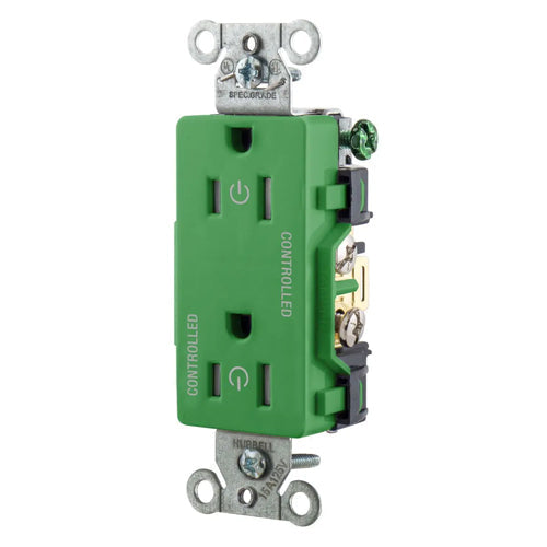 Hubbell DR15C2GNTR, Permanently Marked Decorator Duplex Receptacles, Tamper Resistant, Commercial Grade, Two Controlled Faces, Back and Side Wired, 15A 125V, 5-15R, 2-Pole 3-Wire Grounding, Green