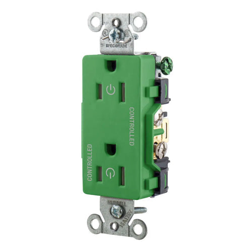 Hubbell DR15C2GN, Permanently Marked Decorator Duplex Receptacles, Commercial Grade, Two Controlled Faces, Back and Side Wired, 15A 125V, 5-15R, 2-Pole 3-Wire Grounding, Green