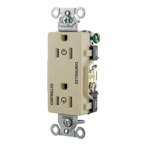 Hubbell DR15C2I, Permanently Marked Decorator Duplex Receptacles, Commercial Grade, Two Controlled Faces, Back and Side Wired, 15A 125V, 5-15R, 2-Pole 3-Wire Grounding, Ivory