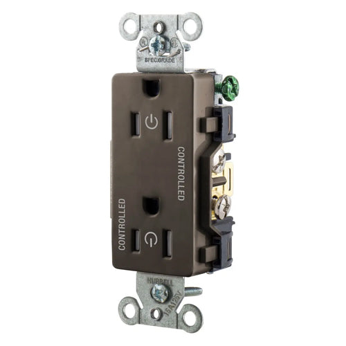 Hubbell DR15C2TR, Permanently Marked Decorator Duplex Receptacles, Tamper Resistant, Commercial Grade, Two Controlled Faces, Back and Side Wired, 15A 125V, 5-15R, 2-Pole 3-Wire Grounding, Brown