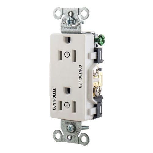 Hubbell DR15C2WHI, Permanently Marked Decorator Duplex Receptacles, Commercial Grade, Two Controlled Faces, Back and Side Wired, 15A 125V, 5-15R, 2-Pole 3-Wire Grounding, White